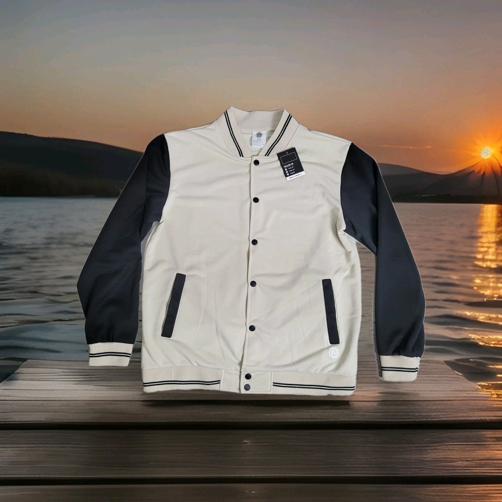 🧢INSPI Korean Bomber Varsity‎ Jacket Unisex Large Ivory/Black Streetwear NWT